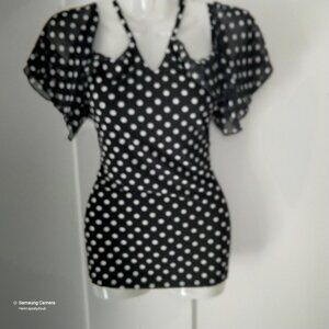 Adel & May Black & White Polka-dot Cold Shoulder Flutter Sleeve V-Neck Top NWT S